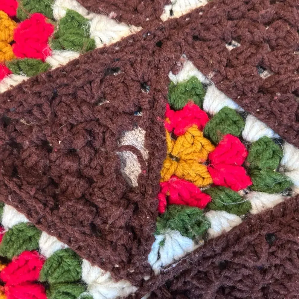 Vintage Hand Crocheted Brown Floral Basket Granny Square Afghan Throw 46x77